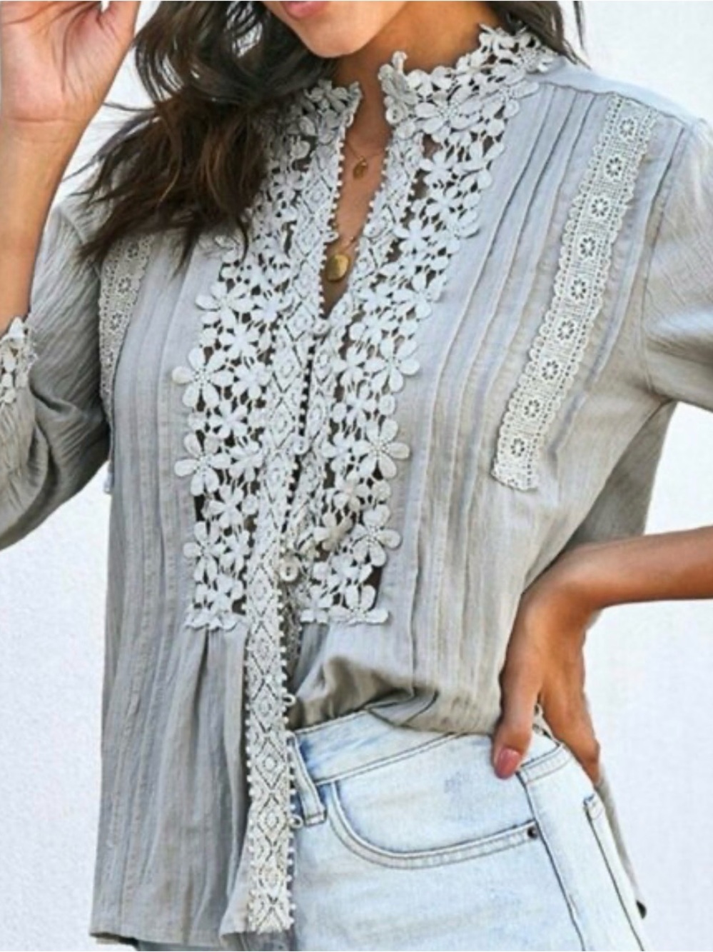 Women’s Bohemian Lace-Pleated Blouse -Top Gray SZ LARGE